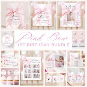 May include: A collection of pink birthday party decorations and stationery. Includes invitations, welcome signs, photo displays, water bottle labels, cupcake toppers, and gift tags. The theme is a pink bow design.