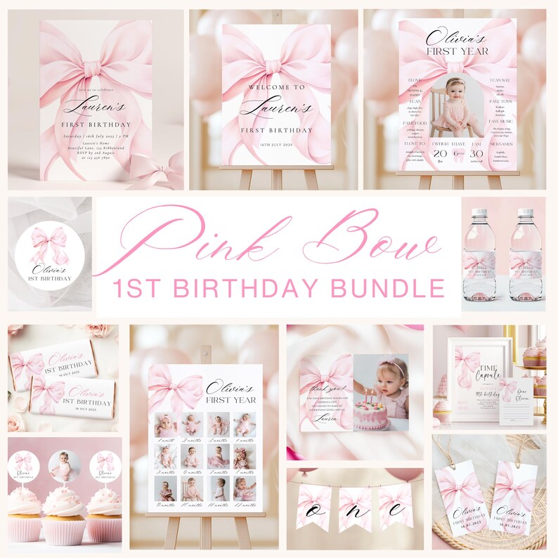 May include: A collection of pink birthday party decorations and stationery. Includes invitations, welcome signs, photo displays, water bottle labels, cupcake toppers, and gift tags. The theme is a pink bow design.