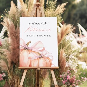 Little Pumpkin is On The Way Welcome Sign Pink Bow Girl Baby Shower Template Watercolor Pink Bow Fall Theme Welcome Sign Pretty Autumn Canva image 4