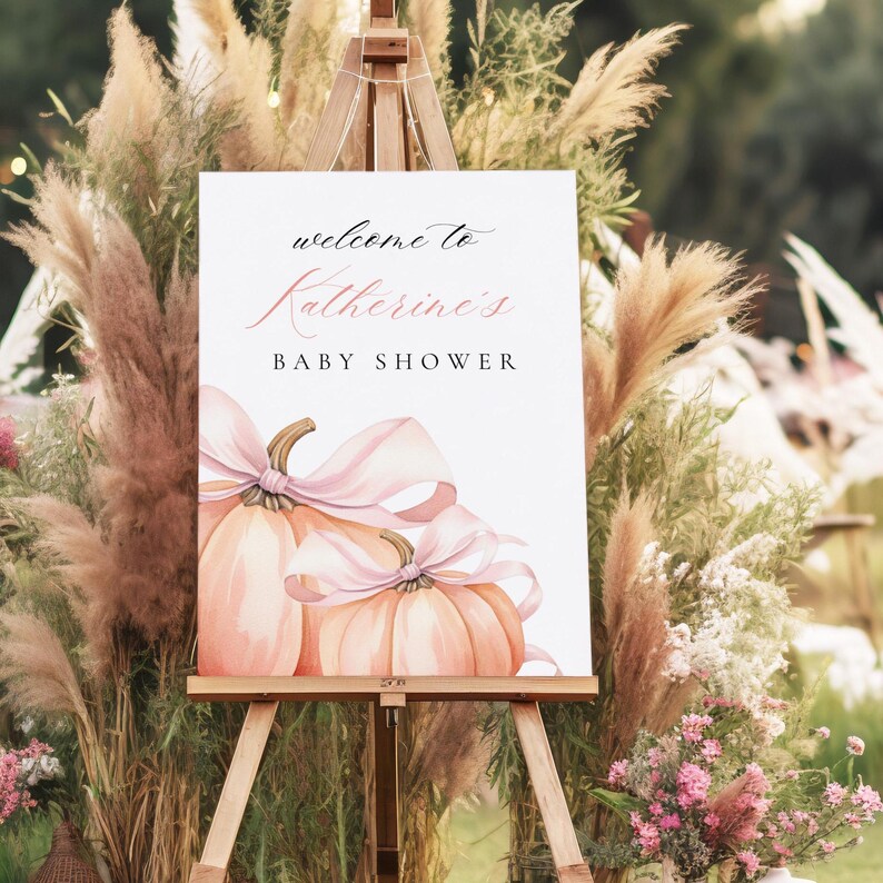 Little Pumpkin is On The Way Welcome Sign Pink Bow Girl Baby Shower Template Watercolor Pink Bow Fall Theme Welcome Sign Pretty Autumn Canva image 4