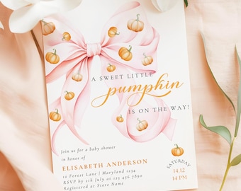 Little Pumpkin is On The Way Pink Bow Girl Baby Shower Invitation Template Watercolor Coquette Pink Ribbon Fall Theme Invite Autumn Canva