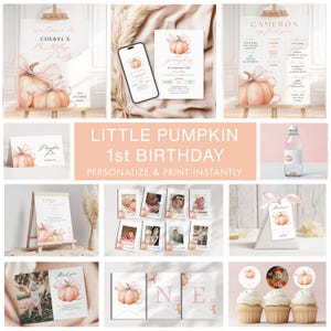 Orange Pumpkin First Birthday Invitation Pink Bow 1st Birthday Invitation Template Watercolor Fall Theme Invite Pretty Autumn Pumpkin Canva image 9