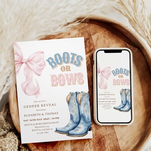 Boots or Bows Gender Reveal Invitation Template | Pink or Blue Western Theme | Editable Digital Invite Canva Printable Coquette Aesthetic image 6