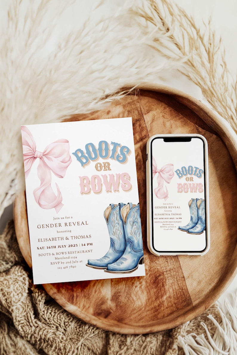 Boots or Bows Gender Reveal Invitation Template | Pink or Blue Western Theme | Editable Digital Invite Canva Printable Coquette Aesthetic image 6