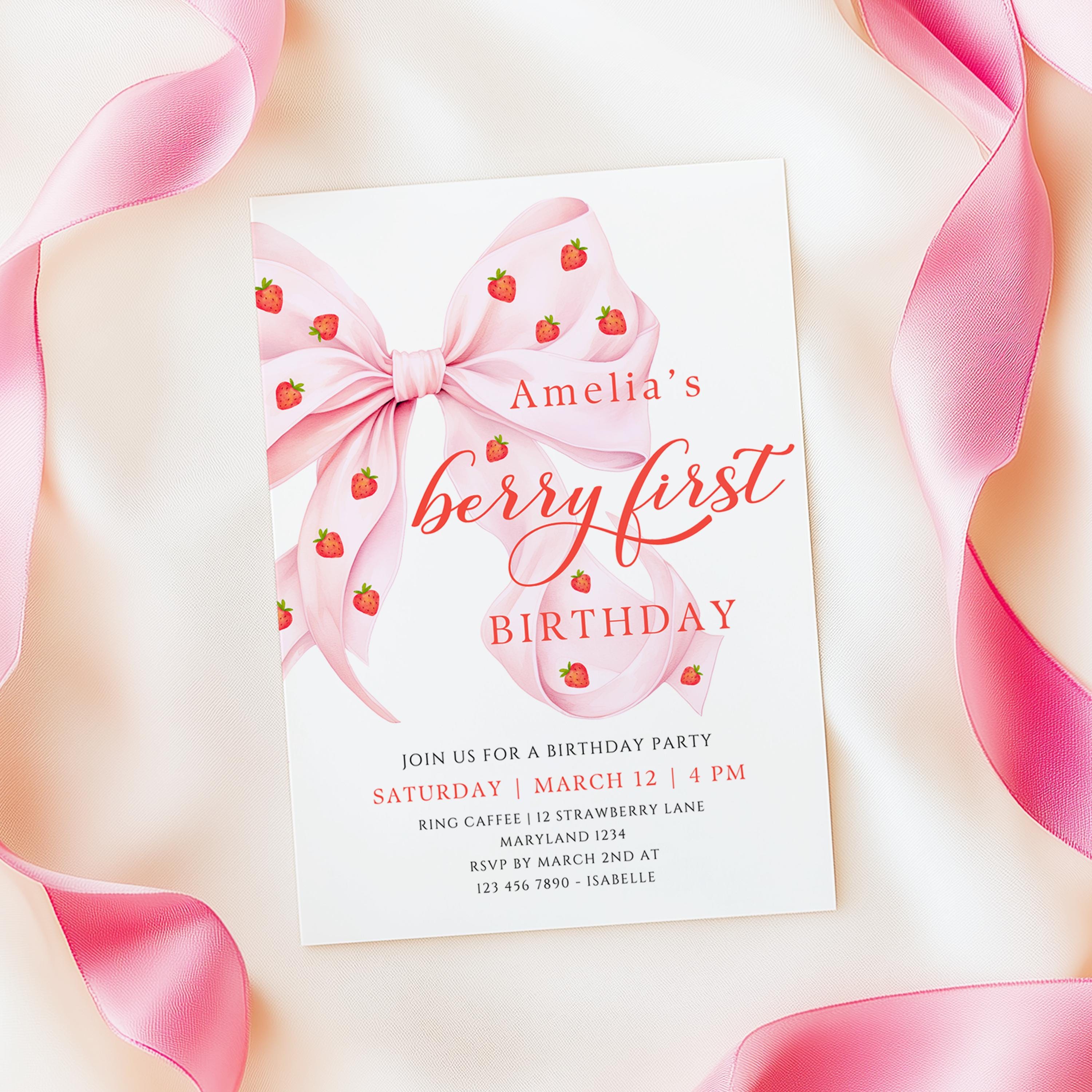 Pink Bow Berry First Birthday Invitation Template Girl Strawberry First ...