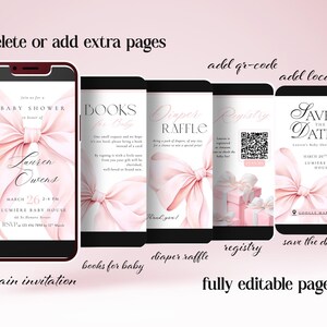 May include: A digital baby shower invitation design displayed on a smartphone, featuring a soft pink bow and elegant text. Additional pages include details for books, a diaper raffle, registry information, and a save-the-date card.