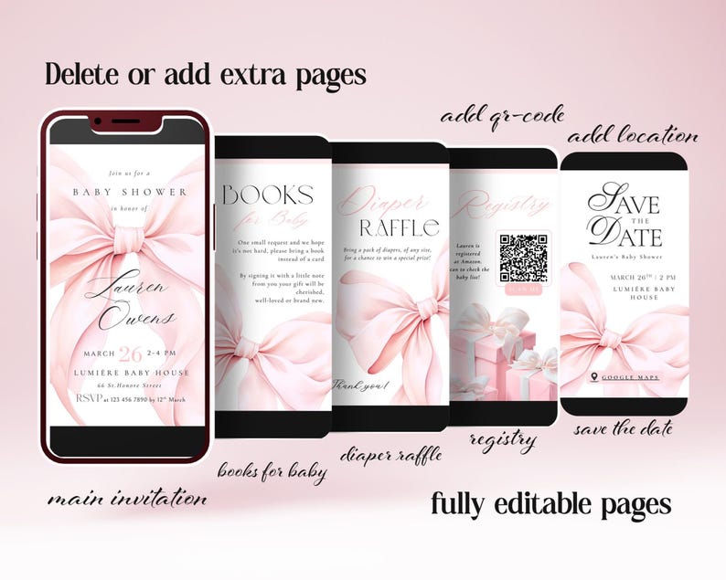 May include: A digital baby shower invitation design displayed on a smartphone, featuring a soft pink bow and elegant text. Additional pages include details for books, a diaper raffle, registry information, and a save-the-date card.