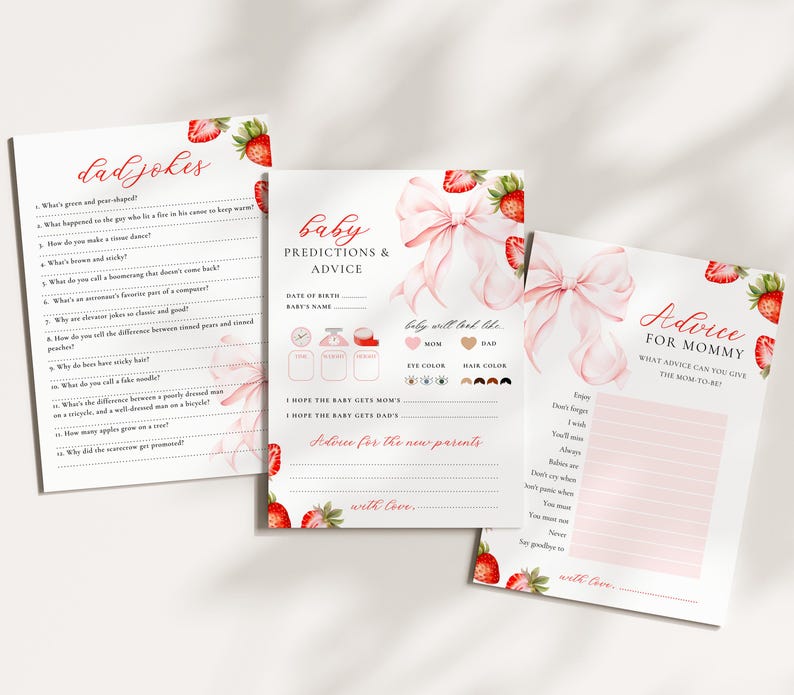 May include: Three baby shower game cards with a strawberry and bow design. The cards include prompts for "Dad Jokes", "Baby Predictions & Advice", and "Advice for Mommy". The text is in red, and the overall design is soft and feminine.