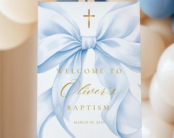 Blue Bow Baptism Welcome Sign | Printable Canva Template