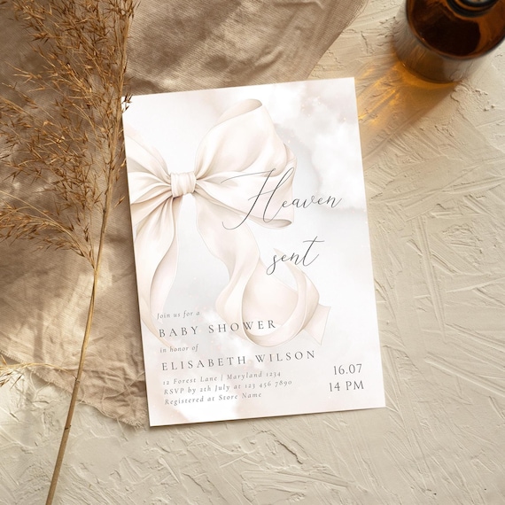 White Bow Heaven Sent Baby Shower Invitation Template Gender Neutral Piece of Heaven Baby Shower Invite Printable Ivory Beige Clouds Canva