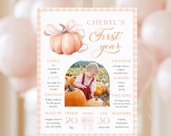 Pumpkin Pink Bow 1st Birthday Milestone Sign Template Fall First Birthday Party Gingham Decor Milestone Board Printable Canva