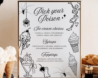 Halloween-Eiscreme-Menüvorlage, handgezeichnete „Wähle dein Gift“-Gelato-Vorlage zum Ausdrucken (Canva-Datei)