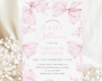 Floral Rosa Bogen-Babyparty-Einladung Vorlage Mädchen-Dusche Canva elegante Aquarell Blush Blume kokett Baby in Bloom Printable einladen