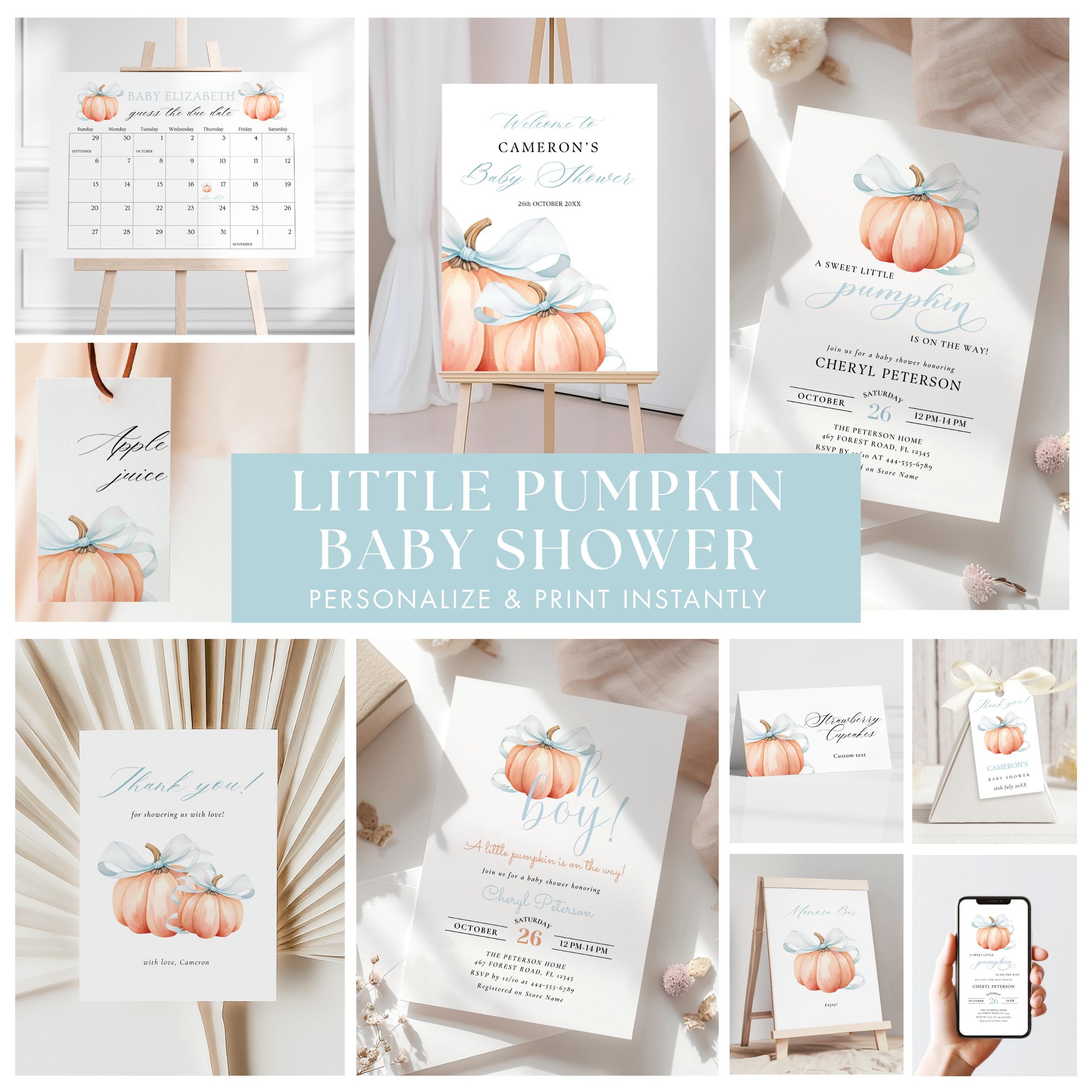 BUNDLE Little Pumpkin is On The Way Baby Shower Set Blue Bow Boy Invitation Fall Welcome Sign Digital Invite 10x Game Blue Pumpkin Bundle
