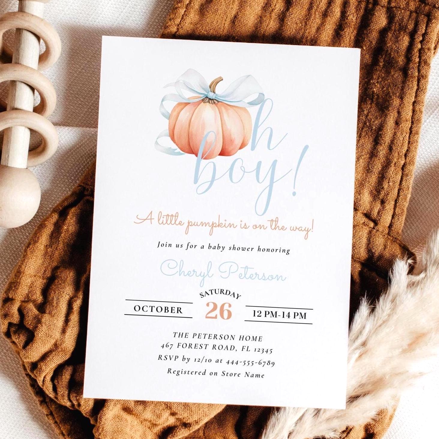 Oh Boy Little Pumpkin is On The Way Blue Bow Boy Baby Shower Invitation Template Watercolor Blue Bow Fall Pumpkin Theme Invite Baby Coquette