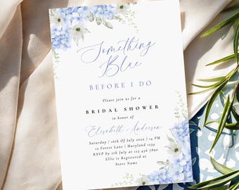 Blue Floral Hydrangea Bridal Shower Invitation Template Something Blue Before I Do Elegant Airy Invite Script Brunch Bubbly Printable Canva