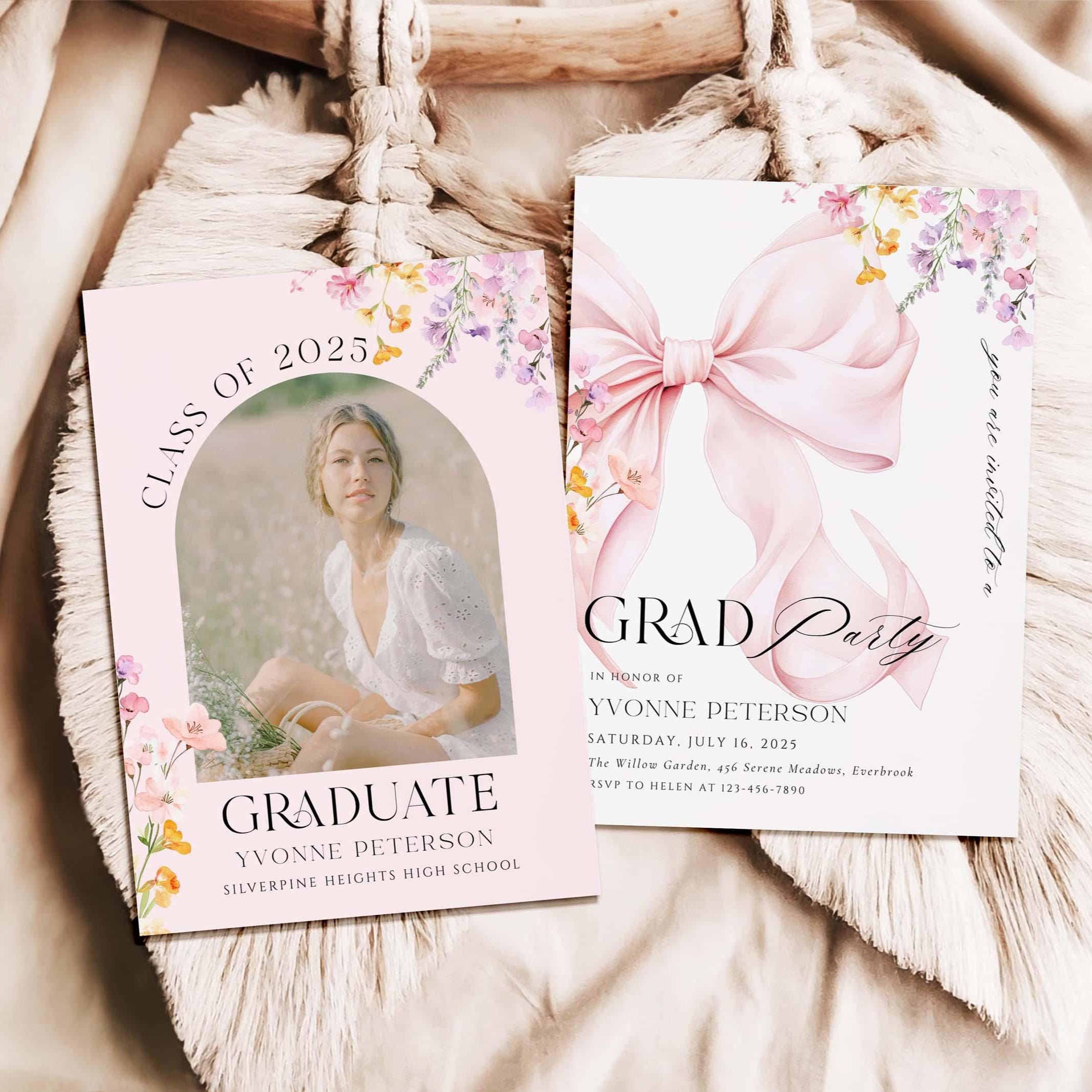 Pink Bow Wildflower GRADUATION Party Invitation Template Coquette Grad Party Photo Template Modern Pink Bow Floral Grad Invite Canva Edit