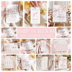 Baby in Bloom Baby Shower BUNDLE Template Baby Girl Floral Cute Pastel Pink Bow Baby Shower Invitation 10 Games Welcome Sign Menu Card Canva