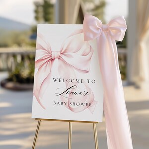 Modernes Blush Pink Schleifen Babyparty Willkommensschild Rosa Kokette Babyparty Eingang Schild Vorlage Rosa Schleife Minimalist 18x24 & 24x36 Canva Bild 4