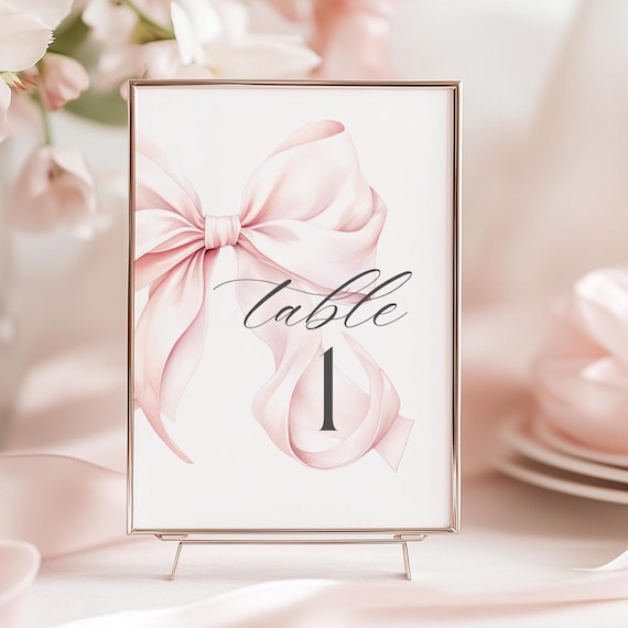 Pink Bow Baby Shower Table Number Template Bridal Shower Canva Template Elegant Pink Ribbon Bow Shower Table Assignment Instant Download