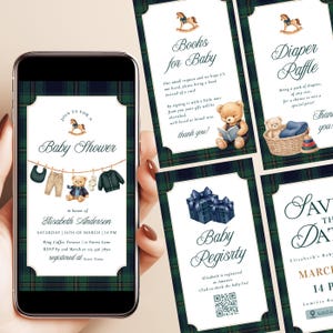 May include: A smartphone displays a baby shower invitation with a plaid border. The invitation includes text, a clothesline with baby clothes, and a teddy bear. Additional cards with matching designs are also visible.