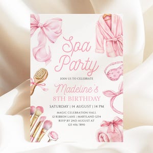 Spa Birthday Party Invitation Little Girl Spa Birthday Invite Pink Pamper Party Pink Bow Invitation Editable Canva Template Birthday Glam