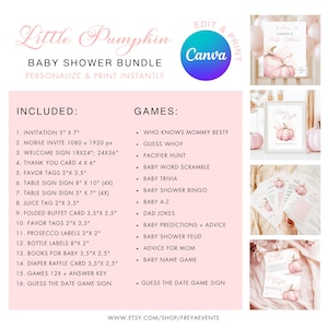 PACCHETTO Little Pumpkin is On The Way Set per Baby Shower Invito per Bambina con Fiocco Rosa Cartello di Benvenuto Autunnale Invito Digitale 10x Gioco Pacchetto Zucca Rosa immagine 6
