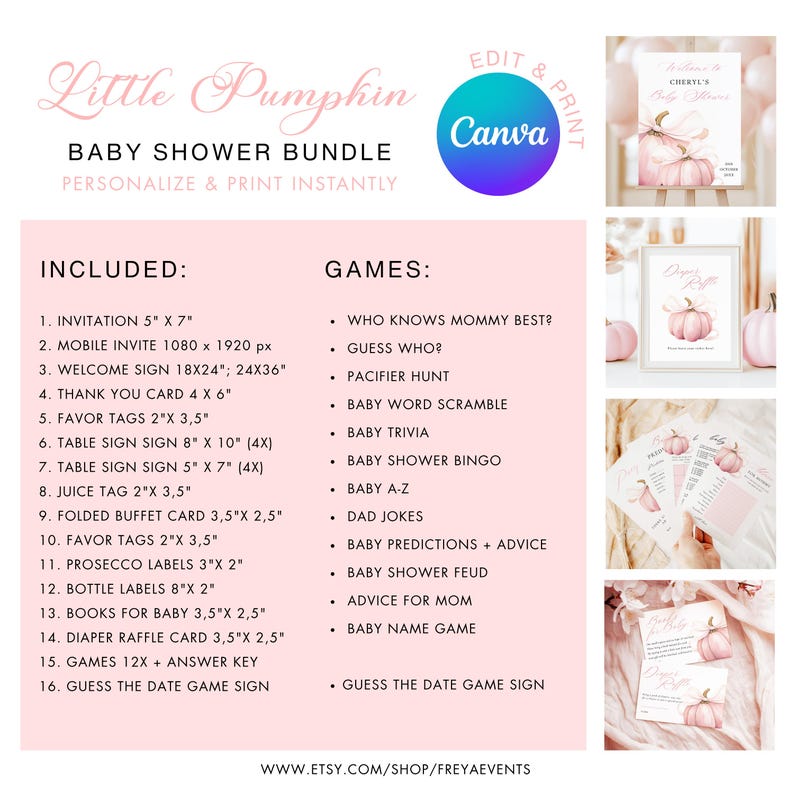 PACCHETTO Little Pumpkin is On The Way Set per Baby Shower Invito per Bambina con Fiocco Rosa Cartello di Benvenuto Autunnale Invito Digitale 10x Gioco Pacchetto Zucca Rosa immagine 6