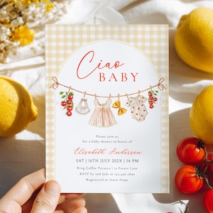 May include: Baby shower invitation with a gingham background and the words "Ciao Baby" in red script. The invitation features illustrations of baby clothes and cherries hanging on a clothesline. The invitation includes the name Elisabeth Anderson and event details.