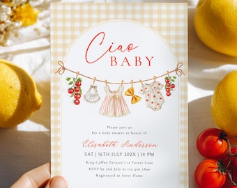 Ciao Baby Shower Invitation Template | Italian Theme Baby Girl Clothesline | Printable Canva Invite
