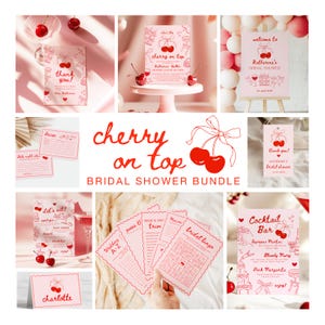 Peut inclure: Un lot de fête de mariage imprimable sur le thème de la cerise sur le gâteau. Le lot comprend une pancarte de bienvenue, une étiquette de remerciement, une invitation, des cartes de recettes, des jeux et une pancarte de bar à cocktails. Le design présente des cerises rouges et un fond rose.