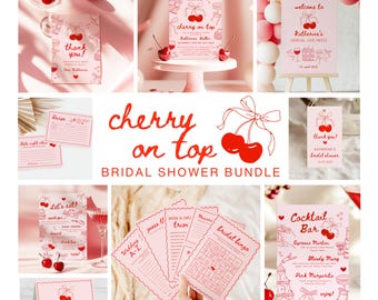 May include: A printable bridal shower bundle with a cherry on top theme. The bundle includes a welcome sign, thank you tag, invitation, recipe cards, games, and a cocktail bar sign. The design features red cherries and a pink background.