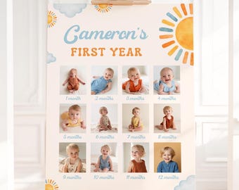 Vorlage für eine Meilenstein-Fototafel zum ersten Geburtstag eines glücklichen Jungen | Druckbares Schild für eine Sommerparty zum Thema Sonnenschein