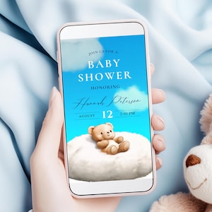 We Can Bearly Wait Dusty Blue Baby Shower Modello di invito animato per cellulare Teddy Bear Palloncino blu Acquerello Invito per baby shower per bambini