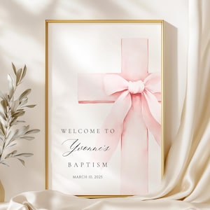 Letrero de bienvenida para bautizo, lazo cruzado rosa ruborizado, coqueta, plantilla de cartel para bautizo de niña, elegante letrero de entrada con lazo rosa y cruz rosa, Canva