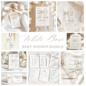 Modello BUNDLE per Baby Shower con fiocco bianco Modello per Baby Shower Invito per Baby Shower bianco sporco pastello carino Download immediato Canva 10x Games