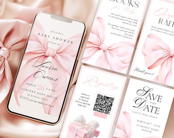 May include: A baby shower invitation and coordinating cards. The invitation on a smartphone features a pink bow and the text "Baby Shower" and "Lauren Owens". Other cards include "Books for Baby", "Diaper Raffle", "Registry", and "Save the Date".