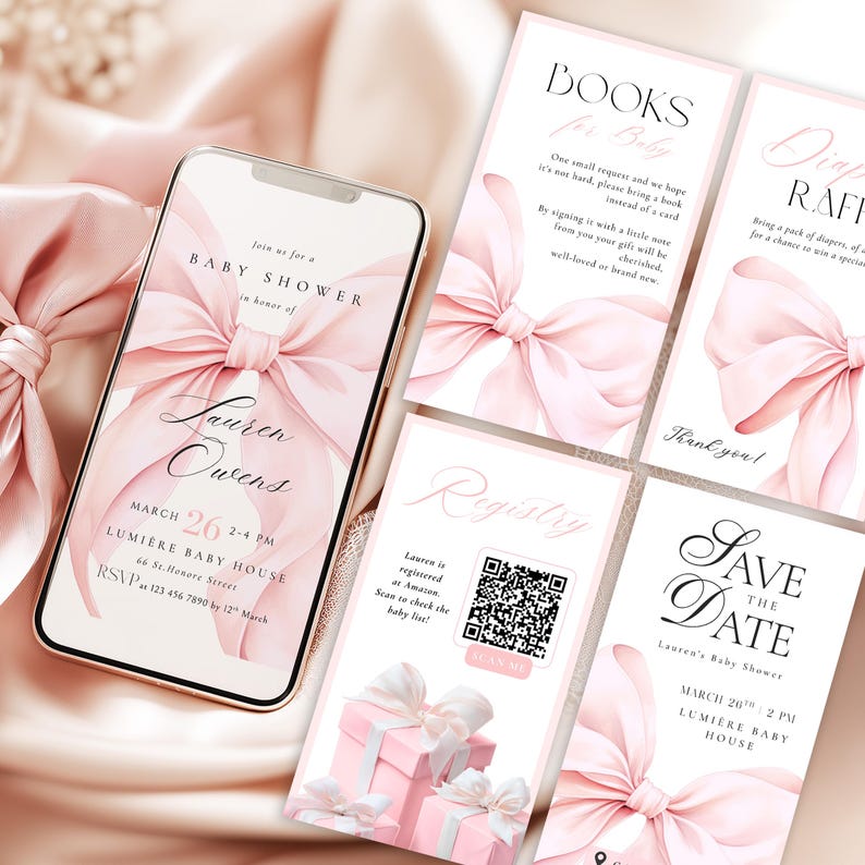 May include: A baby shower invitation and coordinating cards. The invitation on a smartphone features a pink bow and the text "Baby Shower" and "Lauren Owens". Other cards include "Books for Baby", "Diaper Raffle", "Registry", and "Save the Date".