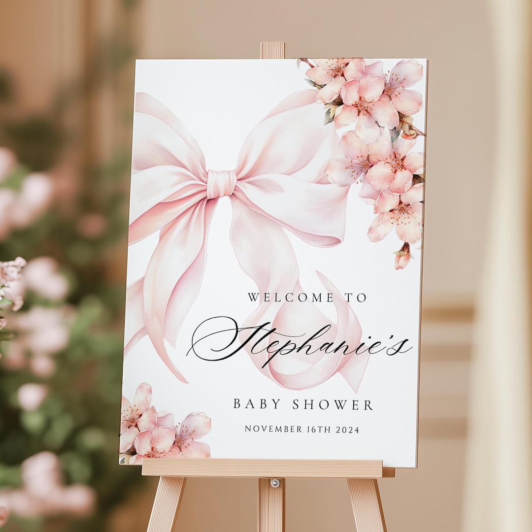 Pink Bow Cherry Blossom Baby Shower Welcome Sign Template Baby in Bloom ...