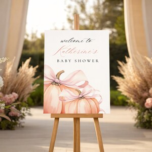 Little Pumpkin is On The Way Welcome Sign Pink Bow Girl Baby Shower Template Watercolor Pink Bow Fall Theme Welcome Sign Pretty Autumn Canva image 6