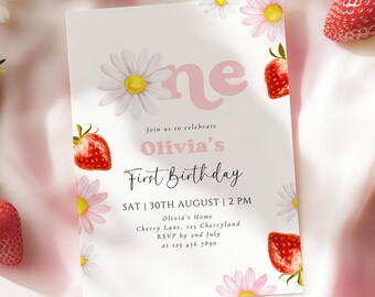 Plantilla de invitación para el primer cumpleaños de Daisy & Strawberry, diseño retro de margarita rosa, niña, bayas, invitación para el primer cumpleaños, minimalista, imprimible, editable, Canva
