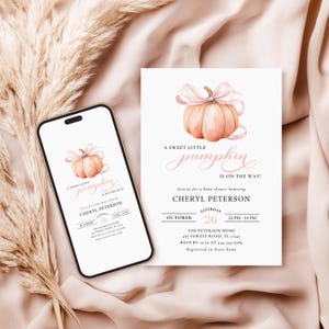 Little Pumpkin is On The Way Welcome Sign Pink Bow Girl Baby Shower Template Watercolor Pink Bow Fall Theme Welcome Sign Pretty Autumn Canva image 9