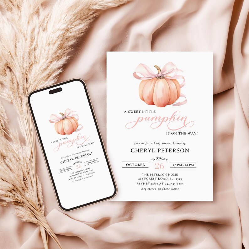 Little Pumpkin is On The Way Welcome Sign Pink Bow Girl Baby Shower Template Watercolor Pink Bow Fall Theme Welcome Sign Pretty Autumn Canva image 9