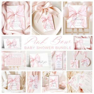 May include: A collection of pink baby shower stationery items, including invitations, tags, and signs. Each item features a watercolor bow design. The text "Pink Bow Baby Shower Bundle" is displayed in a delicate script.