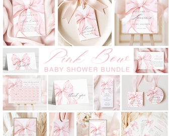 Pink Bow Baby Shower BUNDLE Templates | Baby Girl Cute Ribbon Coquette Baby Sprinkle Invitation & Signs | Instant Download Canva Printables