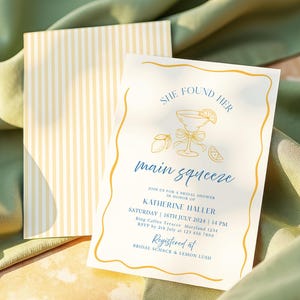 She Found Her Main Squeeze Bridal Shower Invitation Canva Template Pale Yellow Lemon Theme Summer Bridal Brunch Hand Drawn Citrus & Stripes