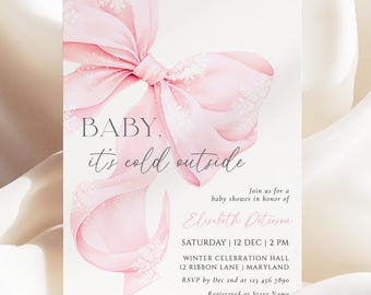 Könnte beinhalten: Eine Babyparty-Einladung mit einer rosa Aquarellschleife und dem Text "BABY, it's cold outside." Die Einladung enthält Details für eine Winterfeier, Datum, Uhrzeit, Ort und RSVP-Informationen.