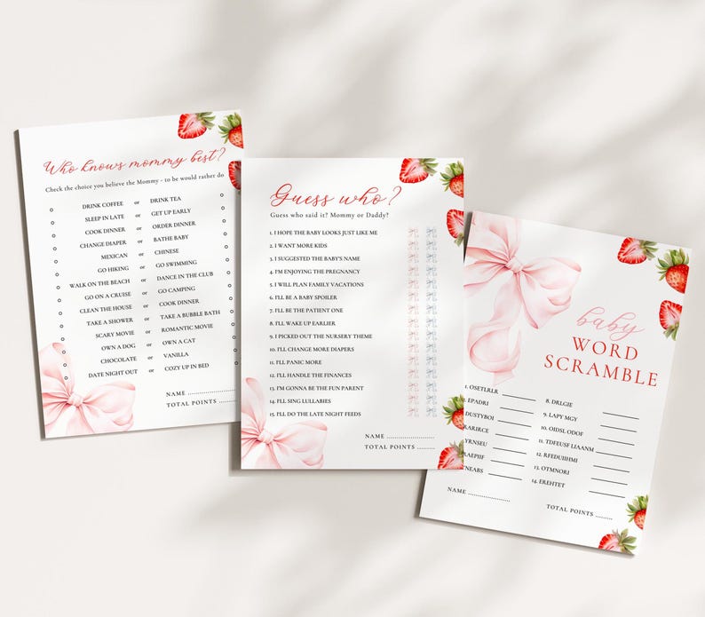 May include: Three baby shower game sheets with a strawberry and pink bow design. The games include "Who Knows Mommy Best?", "Guess Who?", and "Baby Word Scramble". The text is in red and the sheets are on a white background.