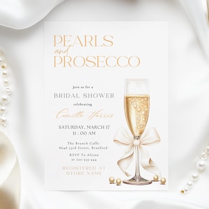 Pearls and Prosecco White Bow Bridal Shower Invitation Template Pearls & Prosecco Champagne Bubbly Brunch Party Invitation Editable Template