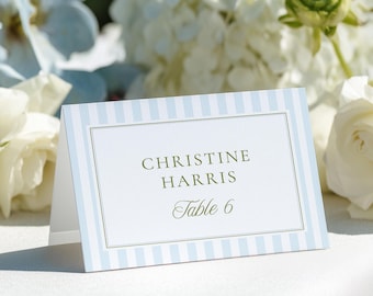 Editable Wedding Name Card Template | Blue & Green Stripes Escort Card | Canva Printable Food Label